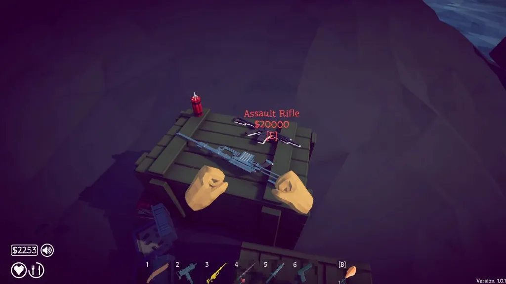 The Assault Rifle on a crate in How to Fish with the purchase prompt Assault Rifle $20000