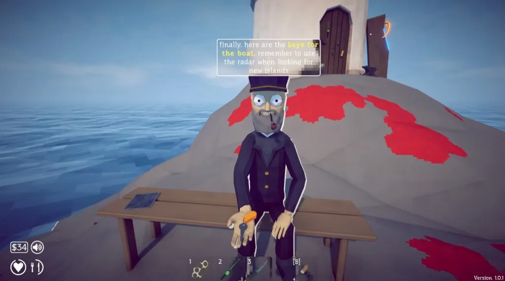 The lighthouse fisherman handing over boat keys and reminding the player to use the radar in How to Fish