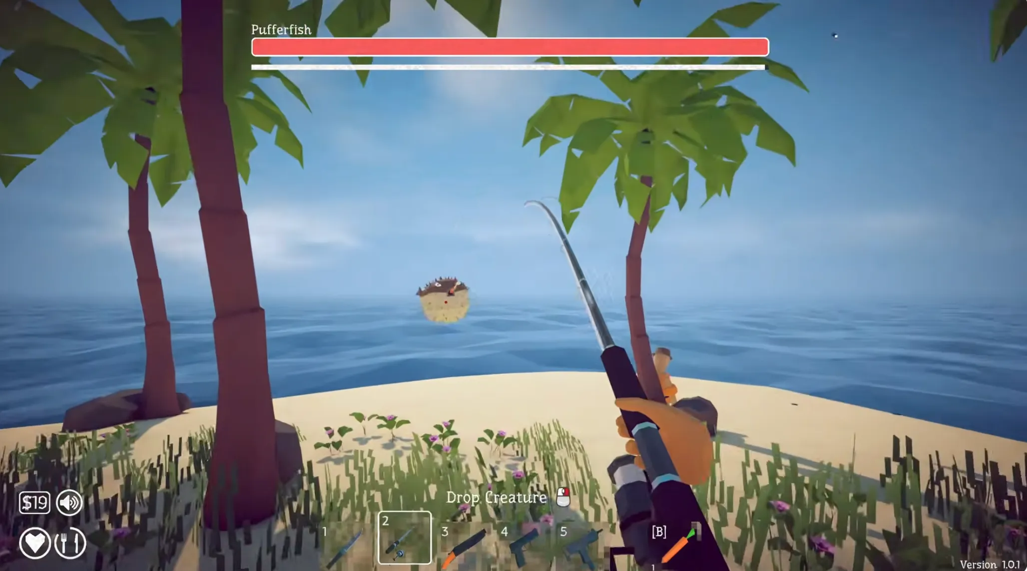 Pufferfish boss with full health bar spawning in the Island 3 lagoon in How to Fish