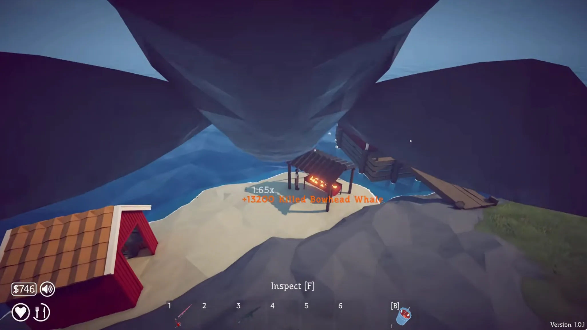 Giant whale looming over the island camp in How to Fish with the Killed Bowhead Whale reward text on screen