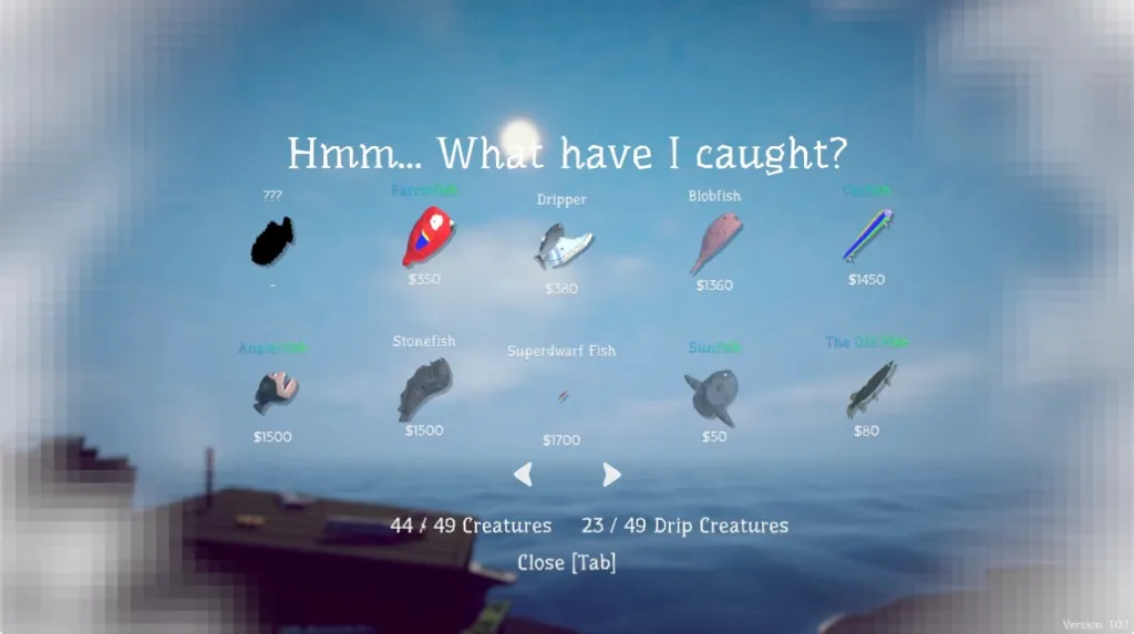 How to Fish creature list showing 44 of 49 creatures and 23 of 49 drip creatures after a full story run