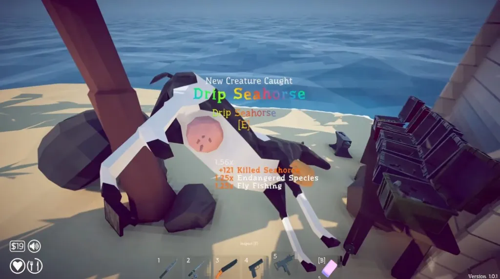New Creature Caught screen for a Drip Seahorse in How to Fish with the Endangered Species kill bonus visible