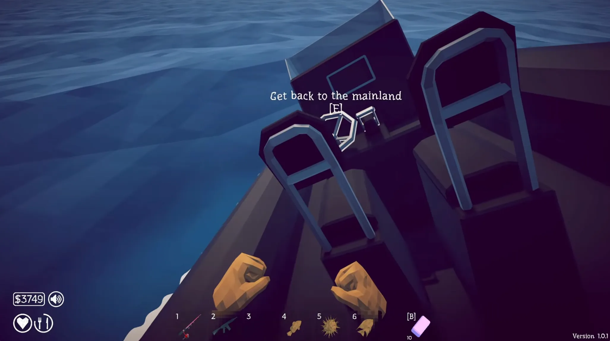 Expedition boat with the Get back to the mainland prompt in How to Fish