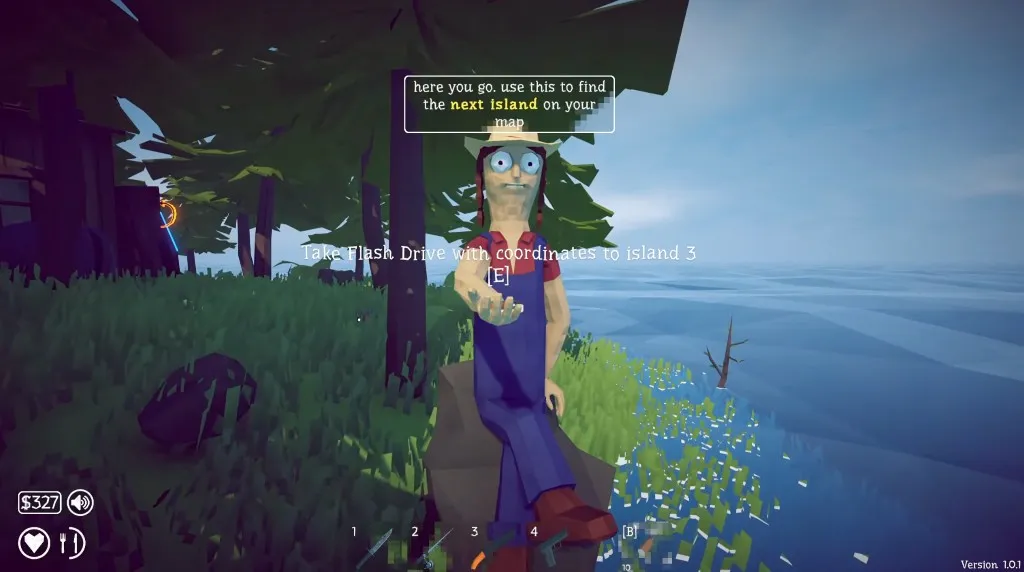 The daughter NPC handing over the flash drive with coordinates to island 3 in How to Fish