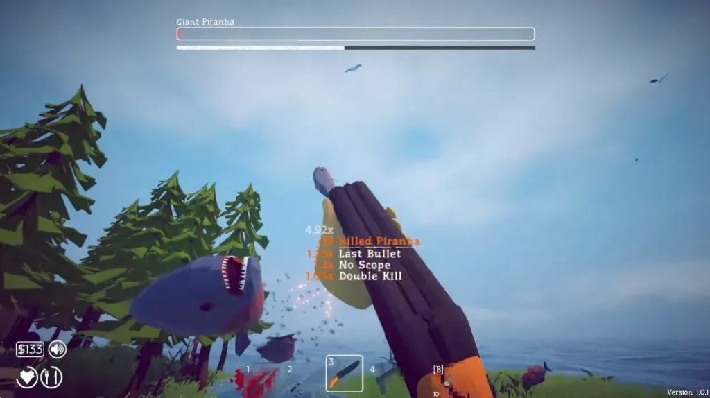Giant Piranha boss fight in How to Fish with the boss health bar, the white timer bar and kill multipliers on screen