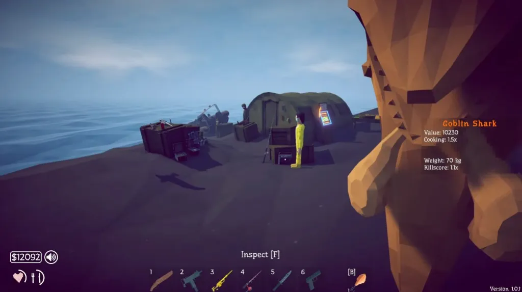 Inspecting a Goblin Shark in How to Fish: Value 10230, Cooking 1.5x, Weight 70 kg, Killscore 1.1x