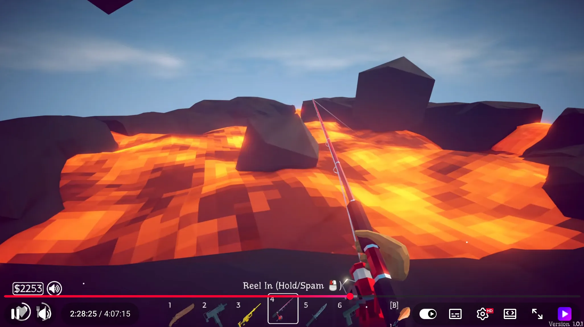 Fishing next to glowing lava streams on the volcano in How to Fish