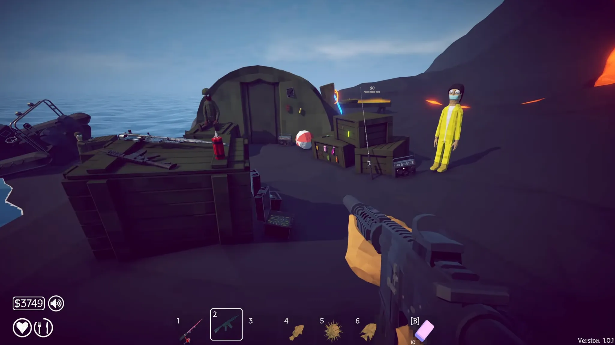 Military camp on Volcano Island in How to Fish with the Scientist NPC in a yellow hazmat suit