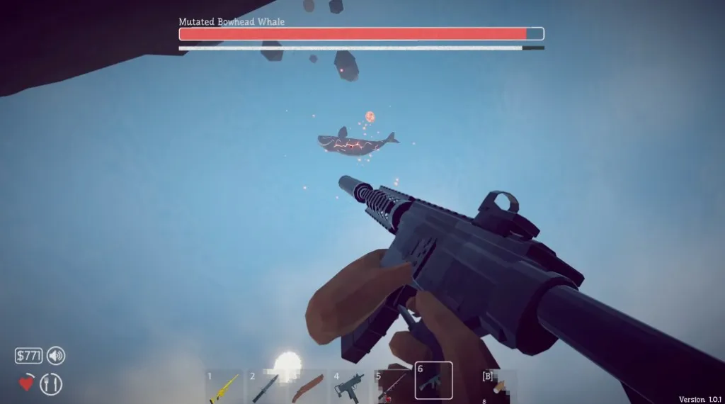 The Mutated Bowhead Whale boss flying overhead in How to Fish with its red health bar on screen