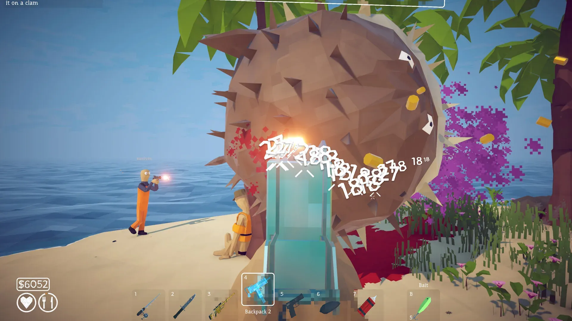 Two players shooting the giant spiked Pufferfish boss beside palm trees in How to Fish