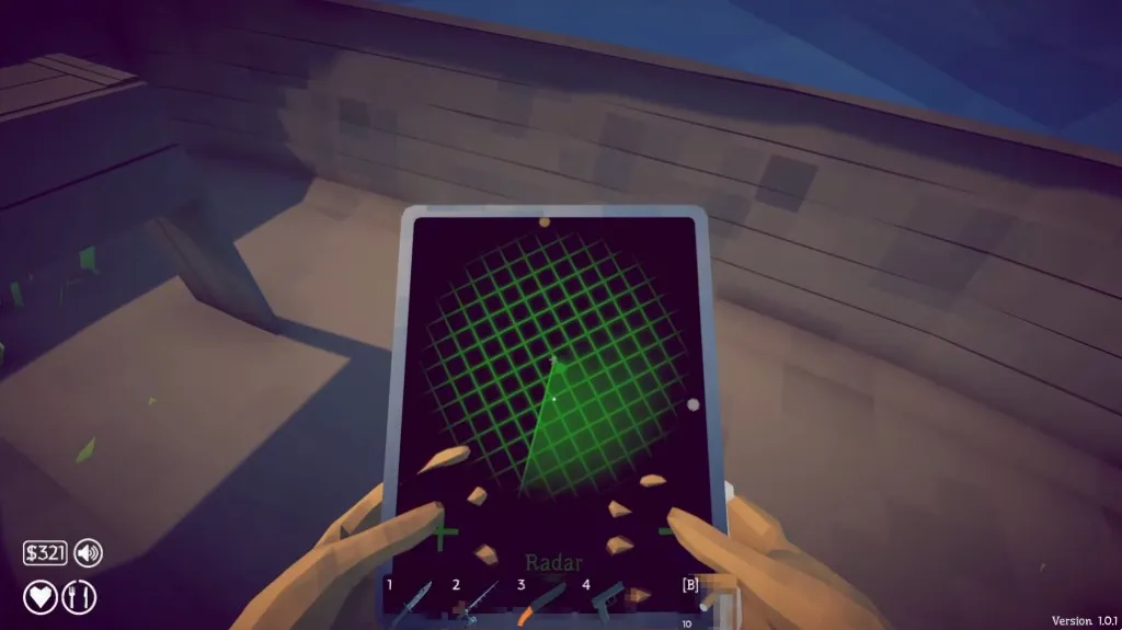 Handheld radar tablet in How to Fish with a green circular sweep and island outlines on the screen