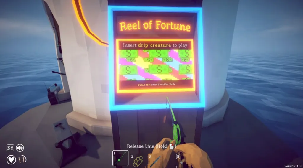 The Reel of Fortune machine on the starting island showing Insert drip creature to play