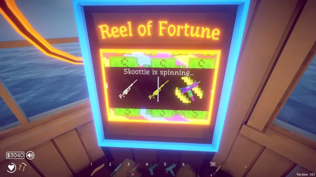 The Reel of Fortune spinning through weapon skins in How to Fish with a golden rifle lined up in the center