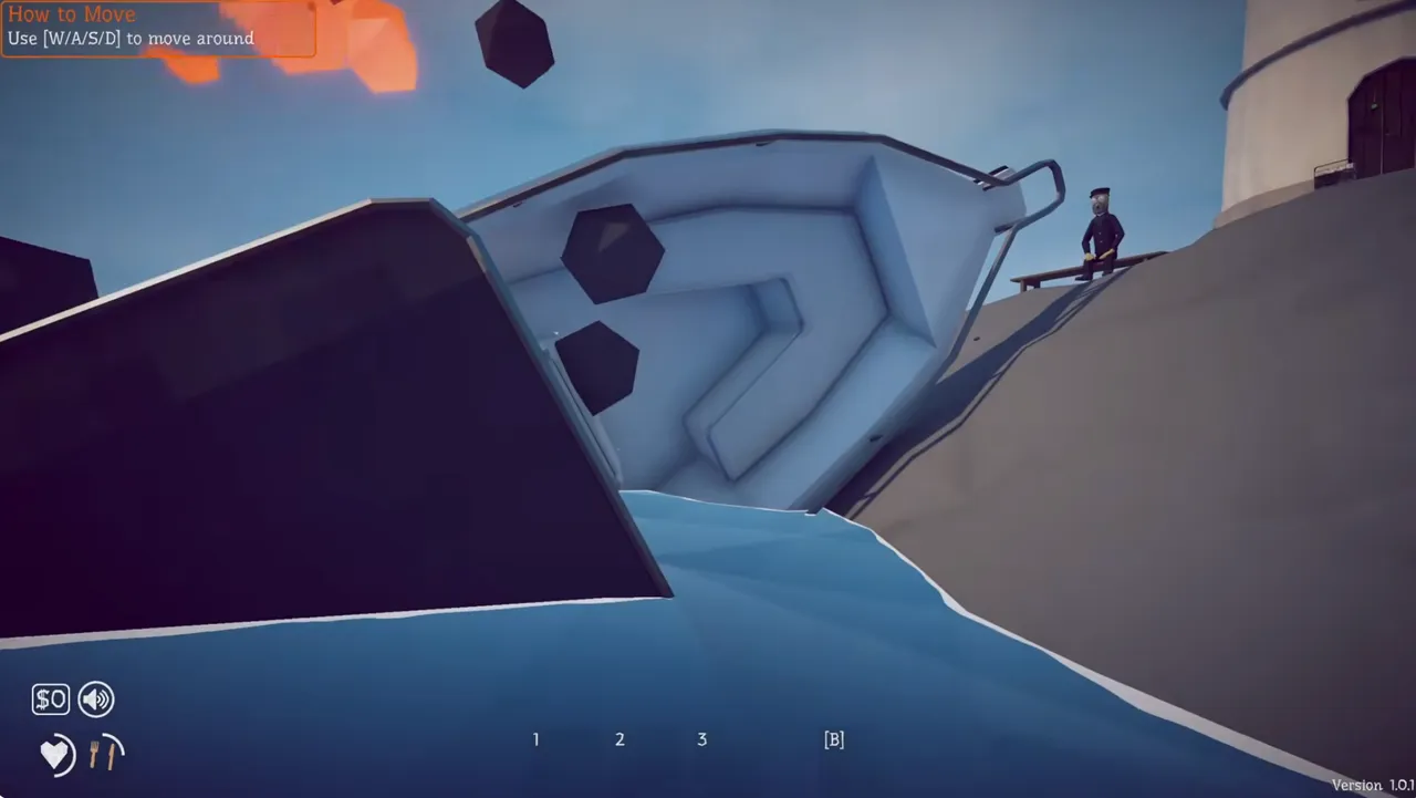 Crashed boat on the first island shore in How to Fish with the fisherman NPC sitting nearby